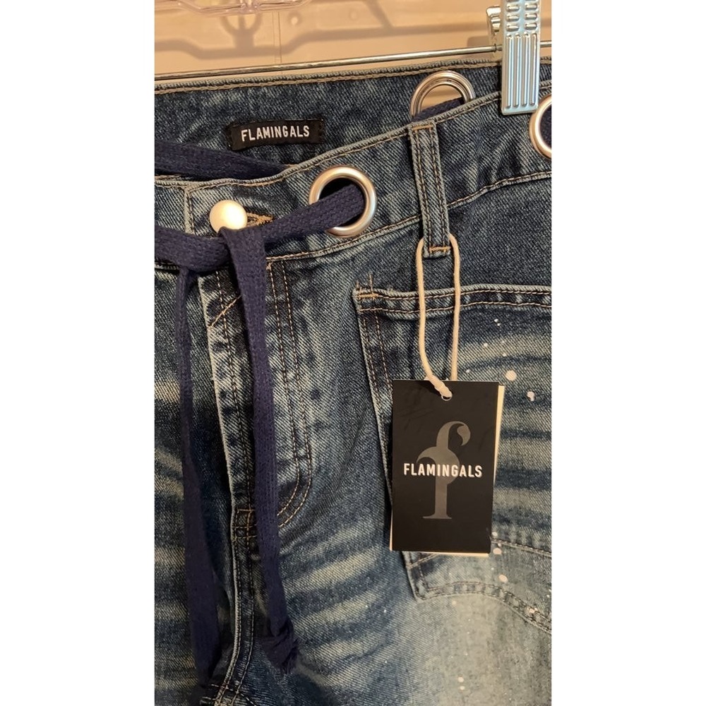 Flamingals Wide Leg Distressed Denim Jeans with Grommet Detail - Picture 2 of 5